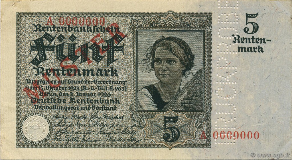 5 Rentenmark Spécimen DEUTSCHLAND  1926 P.169s fVZ