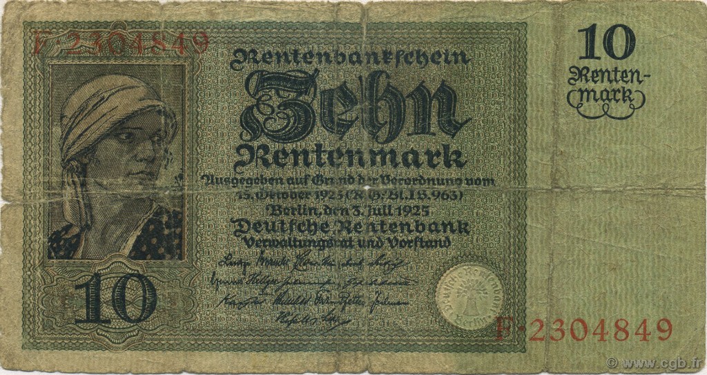 10 Rentenmark GERMANY  1925 P.170 G