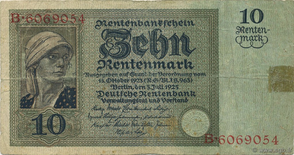10 Rentenmark GERMANY  1925 P.170 F
