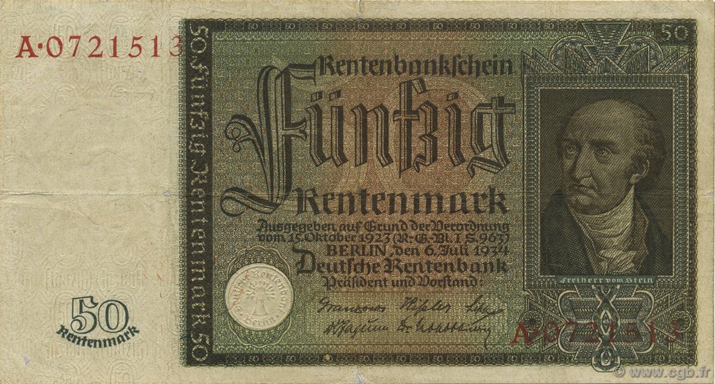 50 Rentenmark GERMANY  1934 P.172 VF