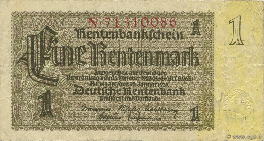 1 Rentenmark GERMANIA  1937 P.173b BB