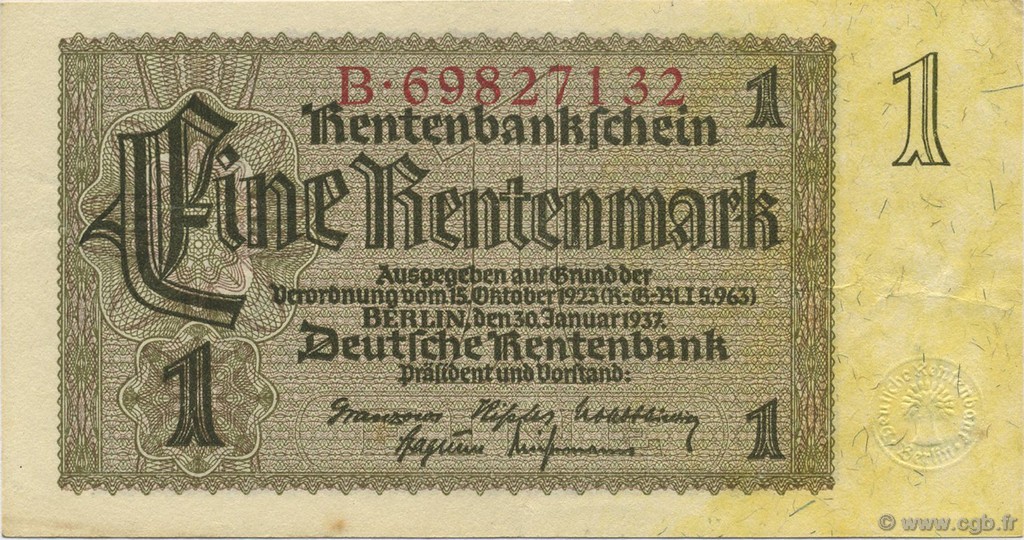 1 Rentenmark GERMANIA  1937 P.173b SPL