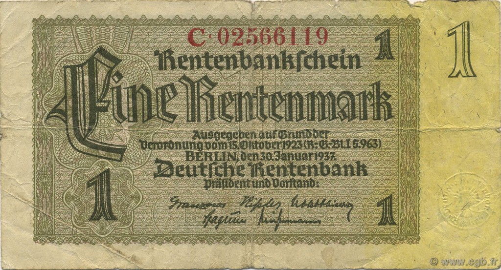 1 Rentenmark GERMANY  1937 P.173b VG
