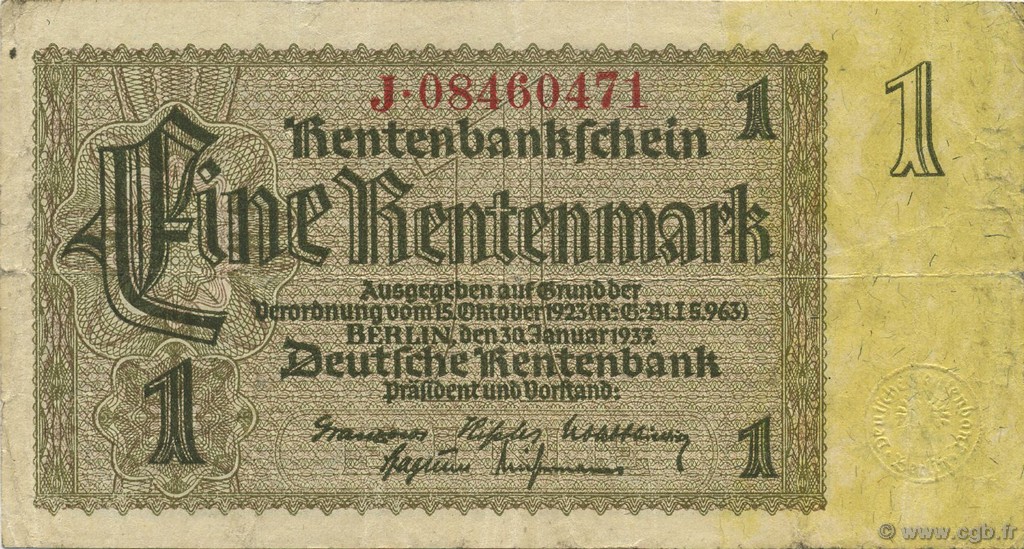 1 Rentenmark DEUTSCHLAND  1937 P.173b fSS