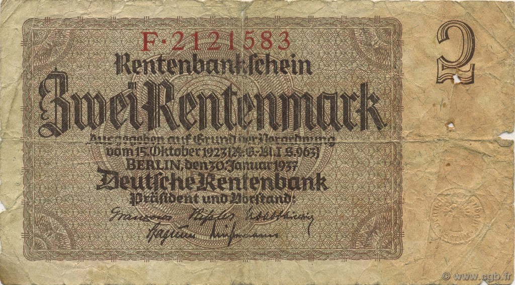 2 Rentenmark GERMANIA  1937 P.174a B