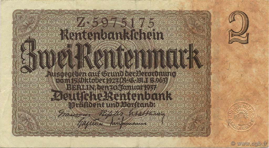 2 Rentenmark GERMANY  1937 P.174a XF-