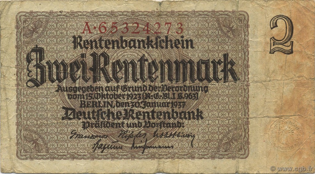 2 Rentenmark DEUTSCHLAND  1937 P.174b S