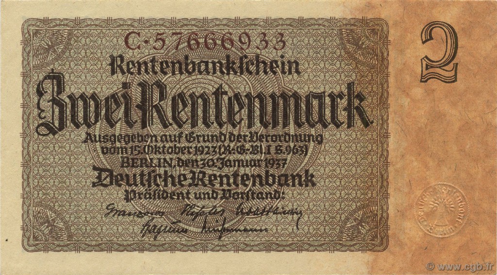 2 Rentenmark GERMANY  1937 P.174b UNC-