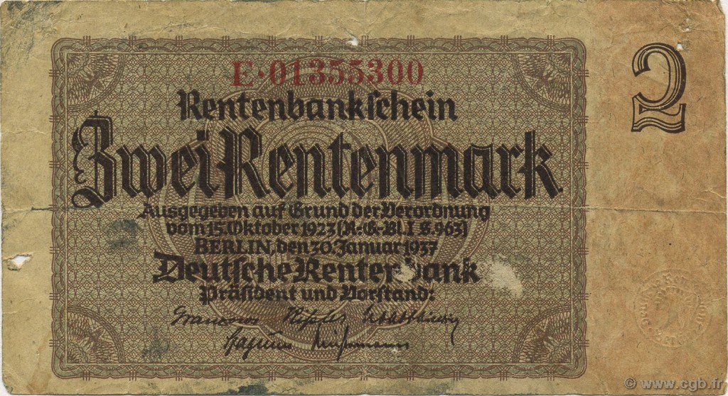 2 Rentenmark DEUTSCHLAND  1937 P.174b fS