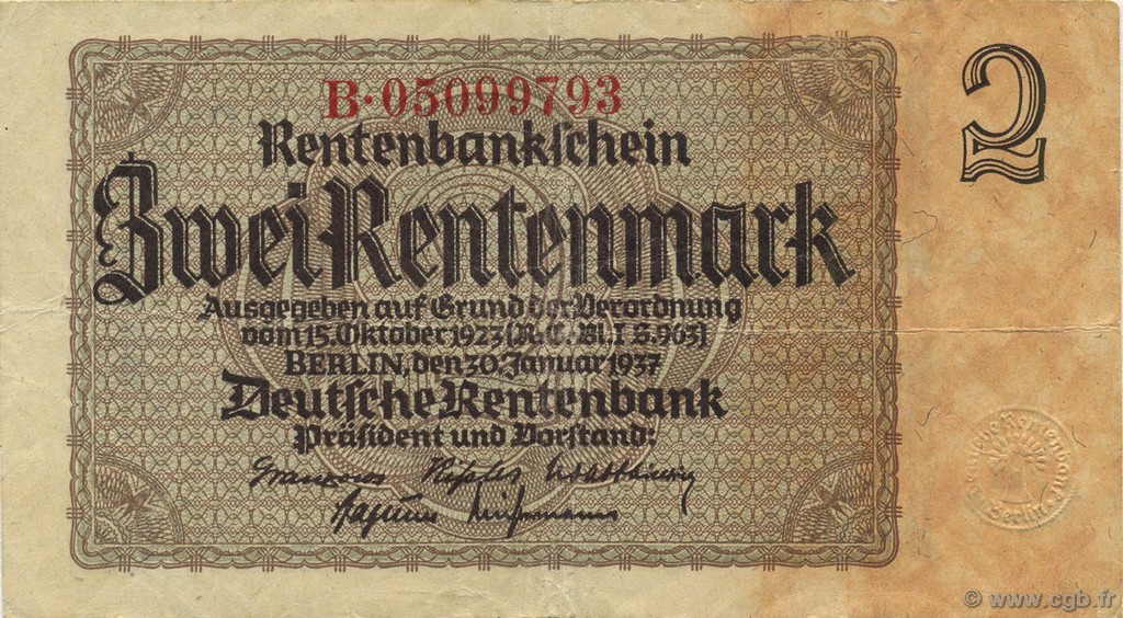 2 Rentenmark ALEMANIA  1937 P.174b MBC