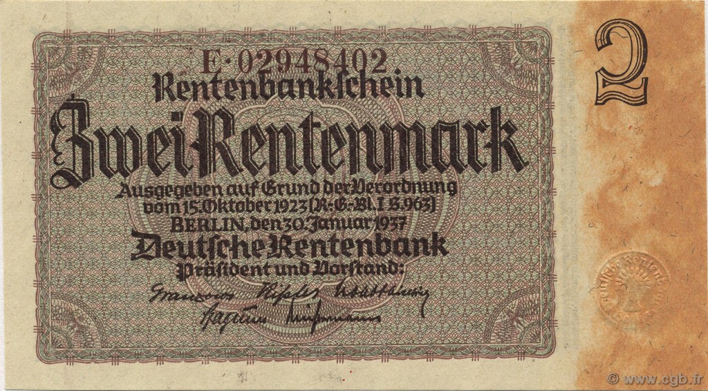 2 Rentenmark DEUTSCHLAND  1937 P.174b ST