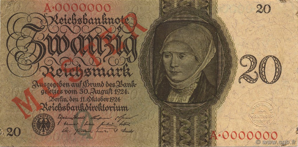 20 Reichsmark Spécimen ALEMANIA  1924 P.176s MBC+