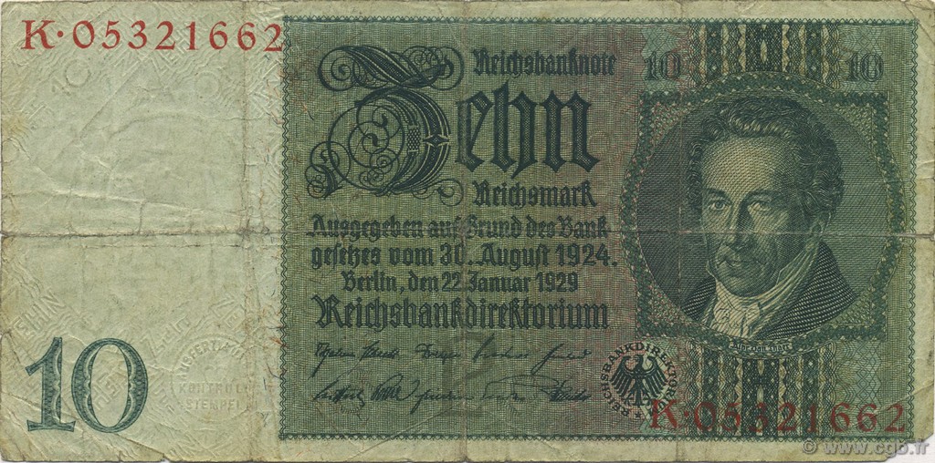 10 Reichsmark GERMANY  1929 P.180a VG