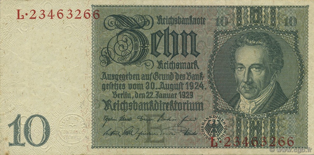 10 Reichsmark DEUTSCHLAND  1929 P.180a VZ