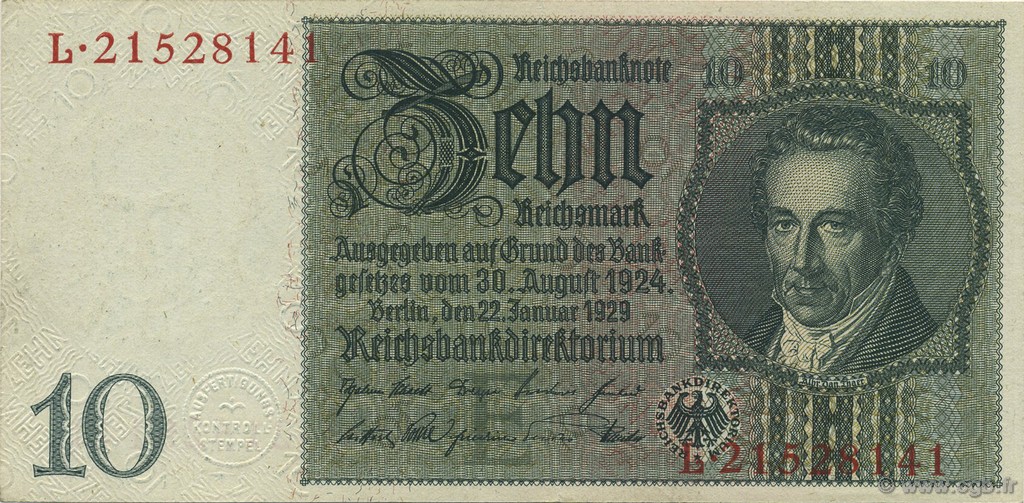 10 Reichsmark GERMANY  1929 P.180a AU