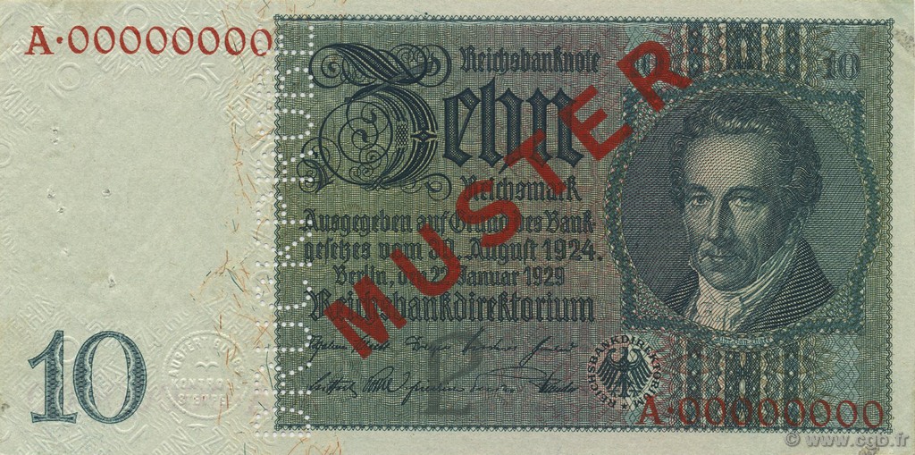 10 Reichsmark Spécimen ALEMANIA  1929 P.180s EBC