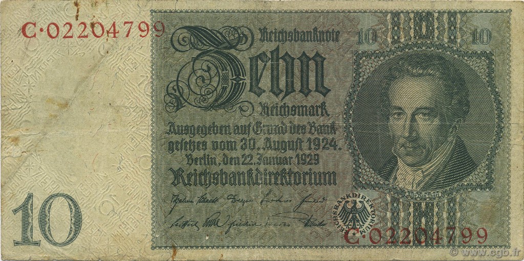 10 Reichsmark GERMANY  1929 P.180b F