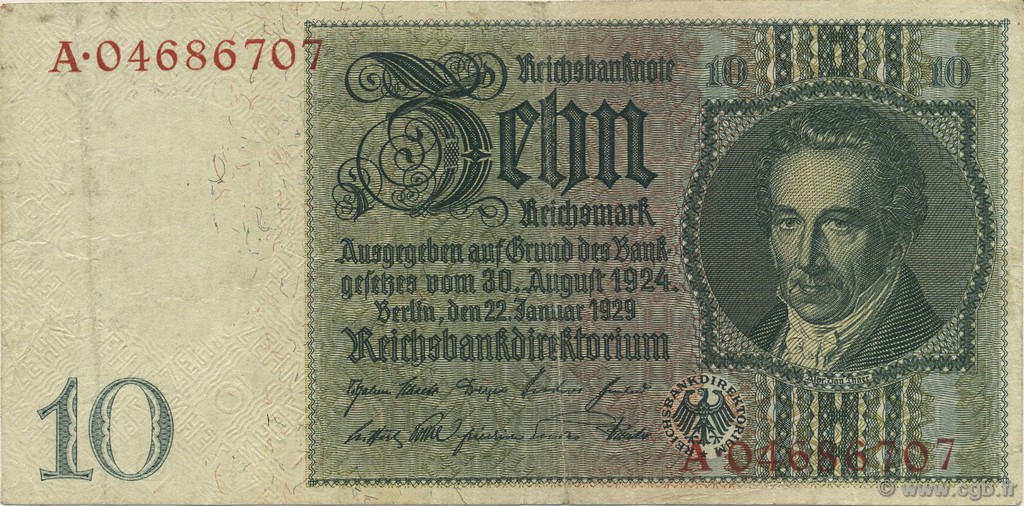 10 Reichsmark GERMANIA  1929 P.180b BB