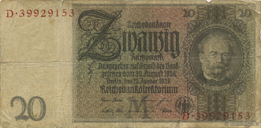 20 Reichsmark GERMANY  1929 P.181a G