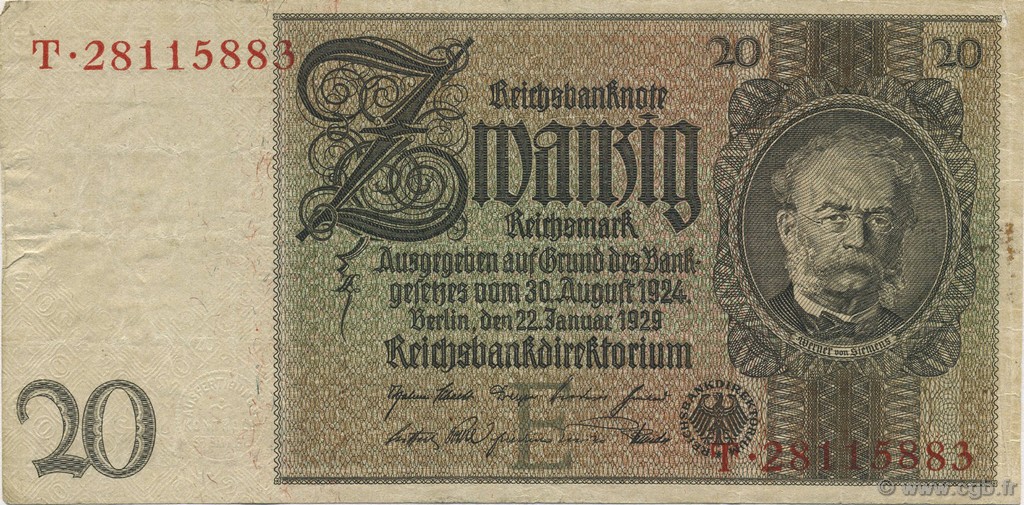 20 Reichsmark GERMANY  1929 P.181a F