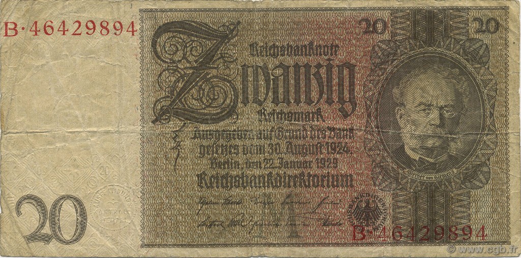 20 Reichsmark ALEMANIA  1929 P.181a BC