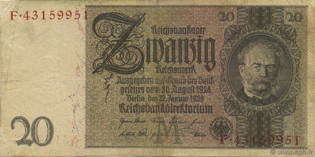 20 Reichsmark GERMANIA  1929 P.181a BB