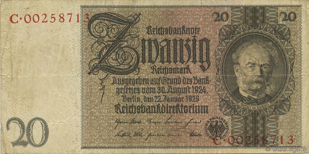 20 Reichsmark GERMANY  1929 P.181b VF