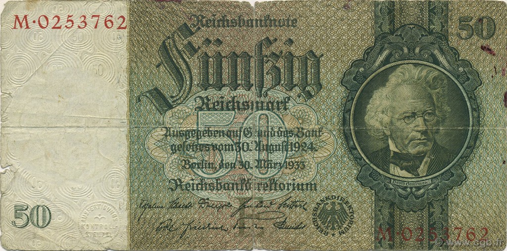 50 Reichsmark GERMANY  1933 P.182a VG