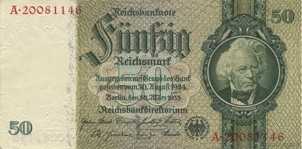 50 Reichsmark GERMANY  1933 P.182a AU