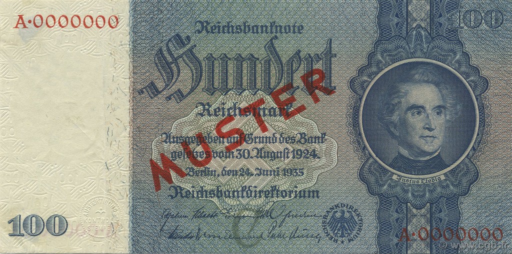 100 Reichsmark Spécimen GERMANY  1935 P.183as XF