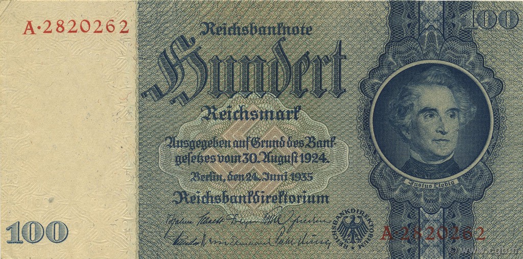 100 Reichsmark GERMANY  1935 P.183b AU