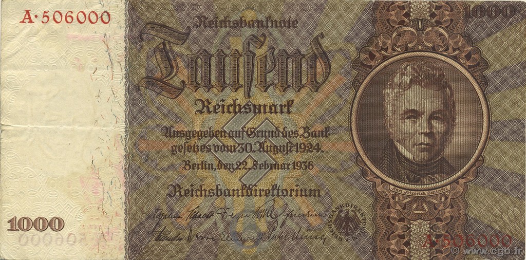 1000 Reichsmark GERMANY  1936 P.184 VF