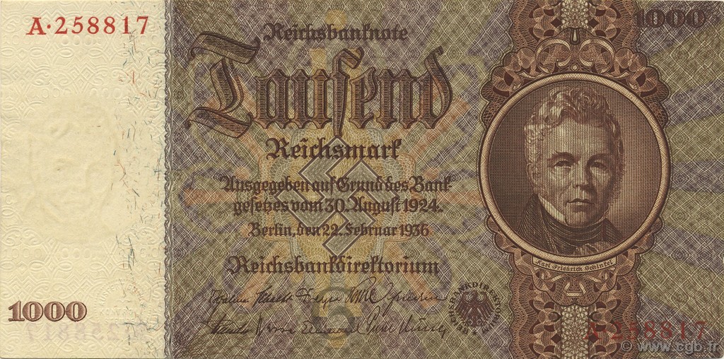 1000 Reichsmark GERMANY  1936 P.184 XF+