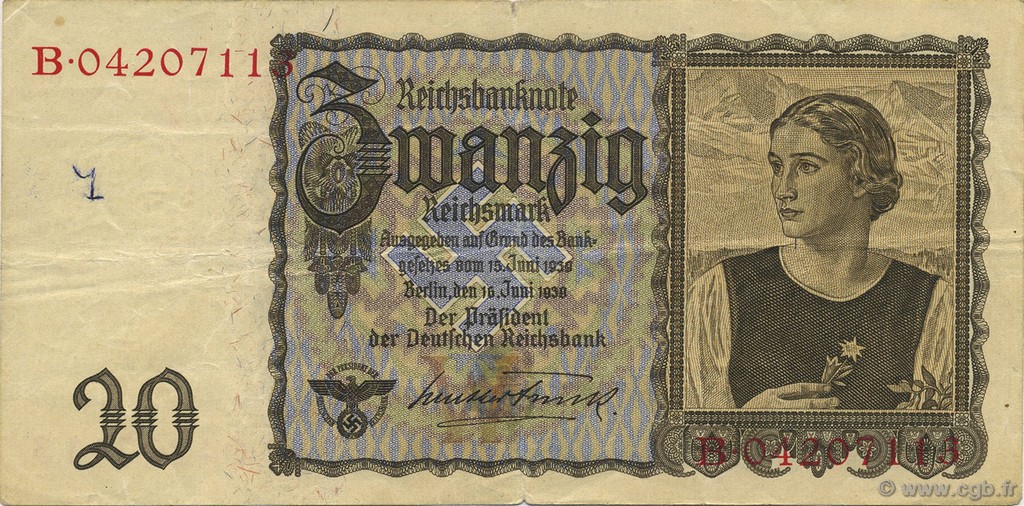 20 Reichsmark GERMANY  1939 P.185 VF-