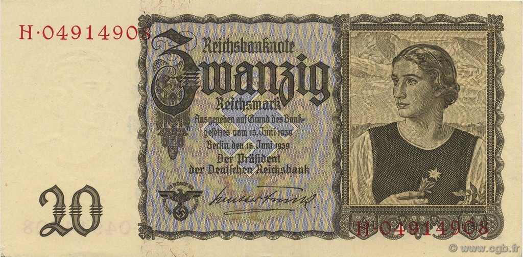 20 Reichsmark GERMANY  1939 P.185 AU-