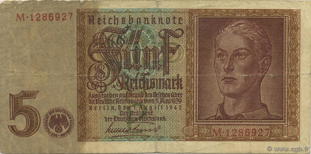5 Reichsmark DEUTSCHLAND  1942 P.186a SS