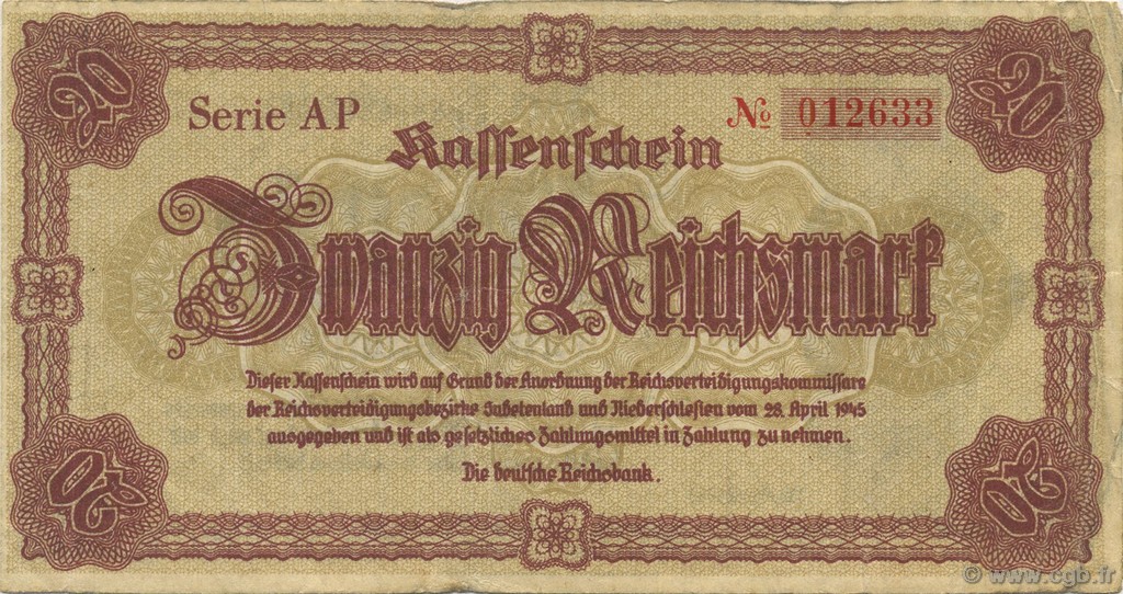 20 Reichsmark GERMANY  1945 P.187 VF
