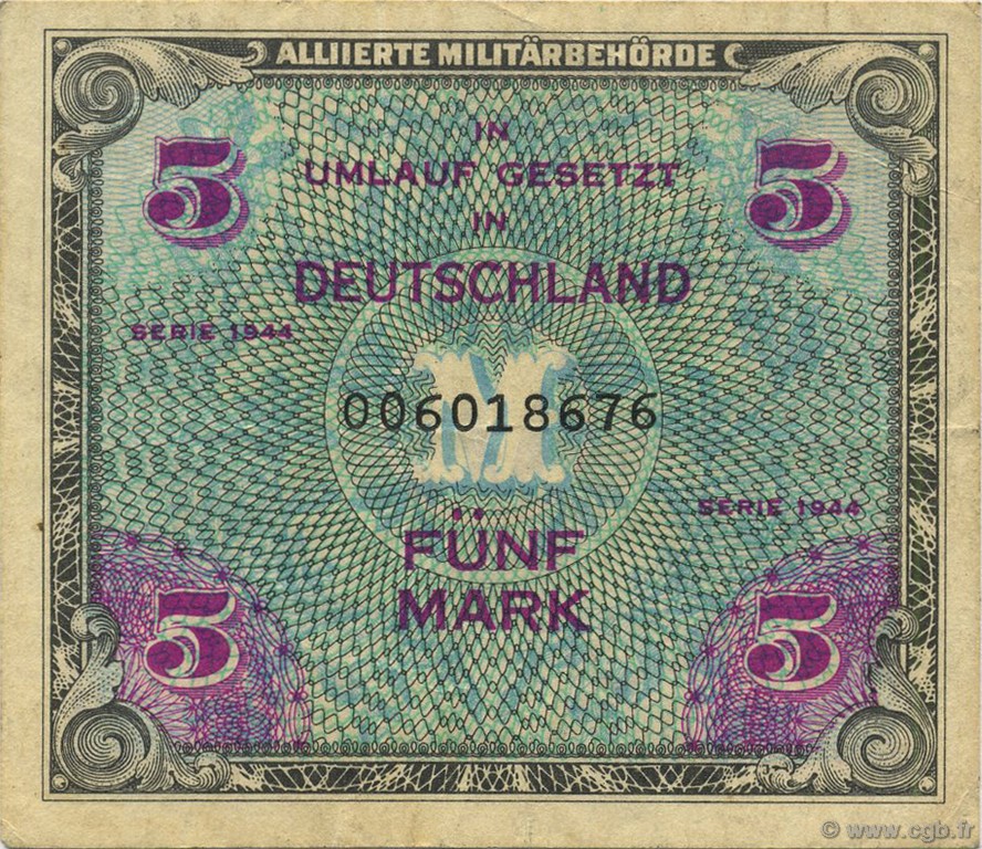 5 Mark GERMANY  1944 P.193a VF