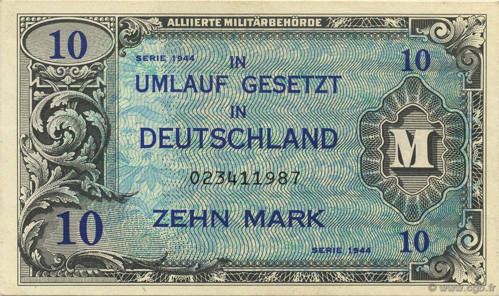 10 Mark GERMANY  1944 P.194a AU+