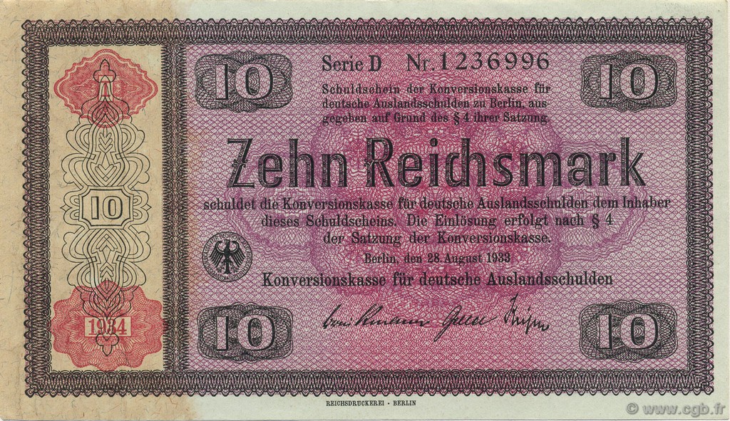 10 Reichsmark ALLEMAGNE  1934 P.208 pr.NEUF