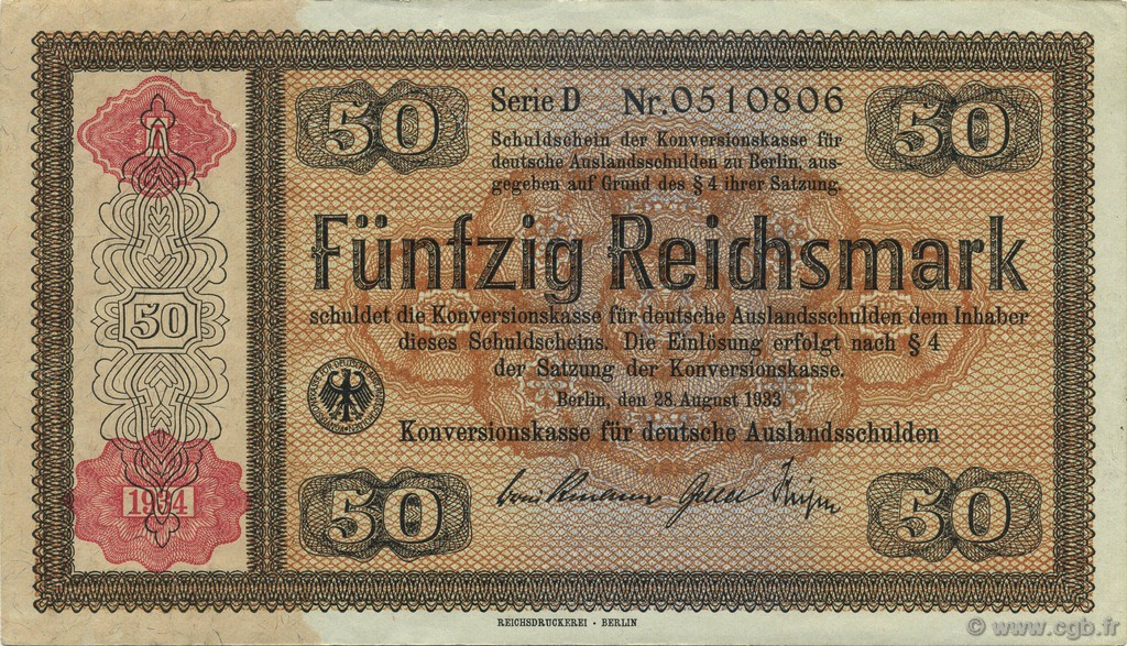 50 Reichsmark DEUTSCHLAND  1934 P.211 VZ