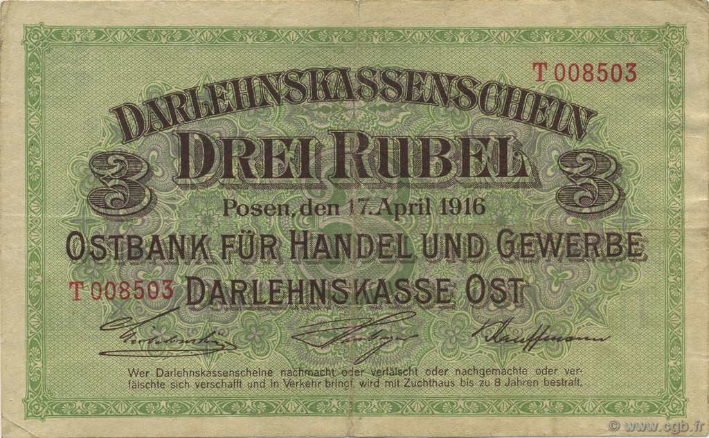 3 Rubel GERMANIA Posen 1916 P.R123b BB