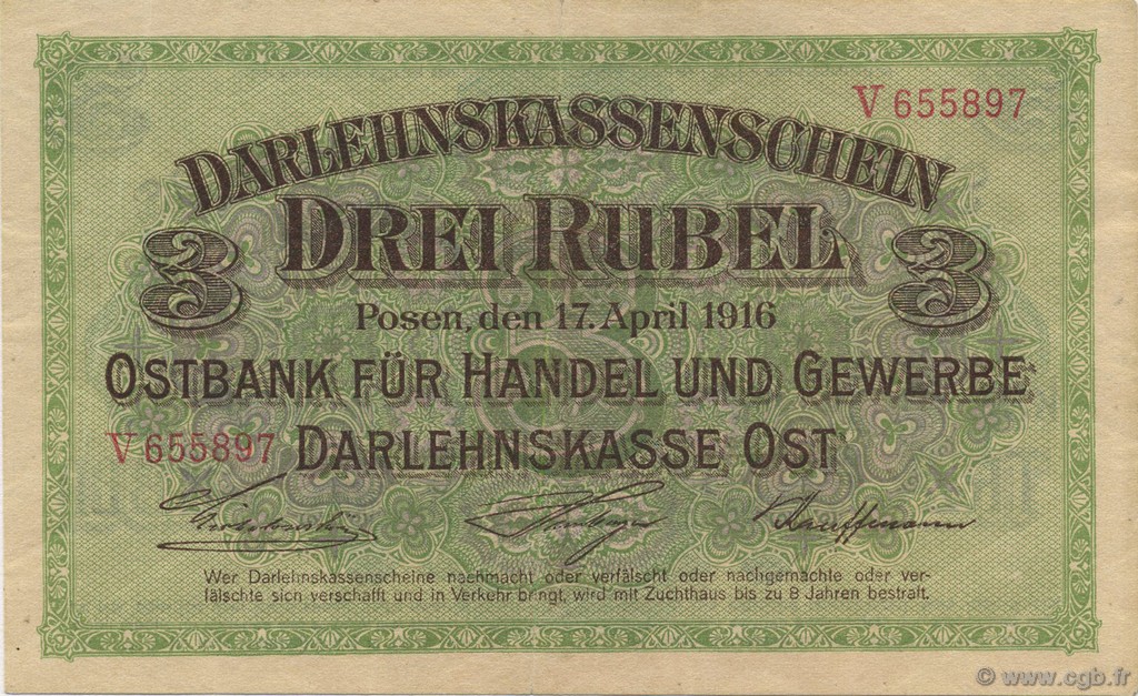 3 Rubel DEUTSCHLAND Posen 1916 P.R123b fVZ