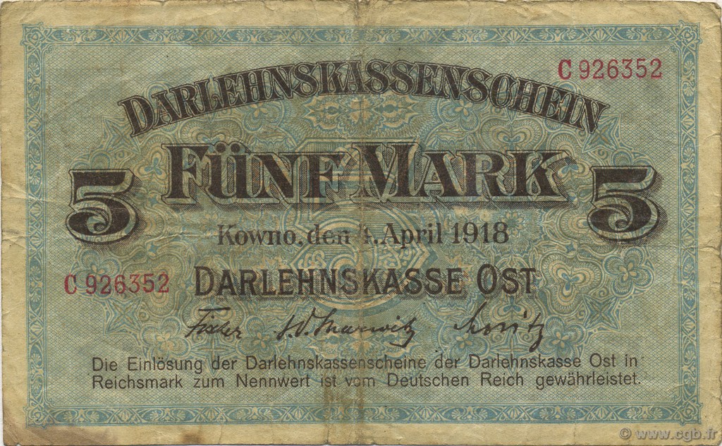 5 Mark GERMANIA Kowno 1918 P.R130 MB