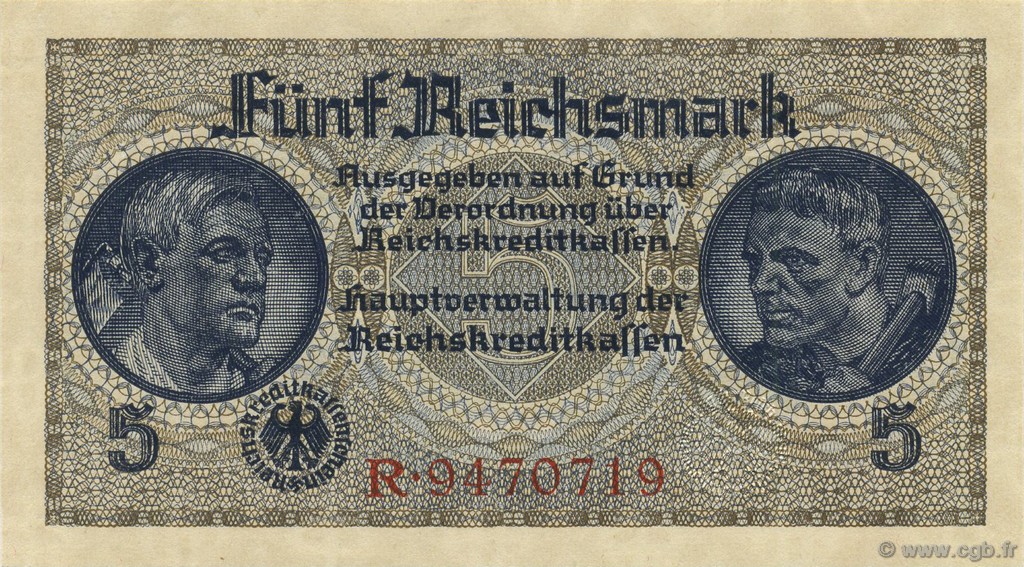 5 Reichsmark GERMANY  1940 P.R138a UNC-