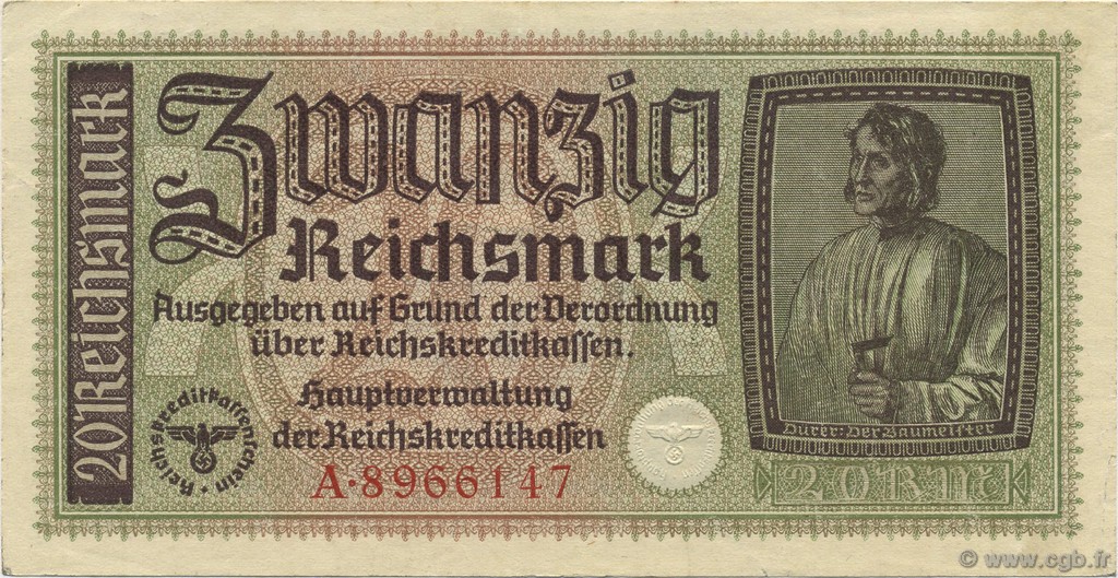 20 Reichsmark GERMANY  1940 P.R139 AU+