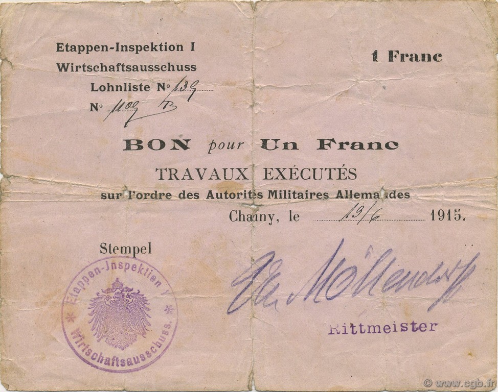 1 Franc ALEMANIA Chauny 1915 P.M02 RC+