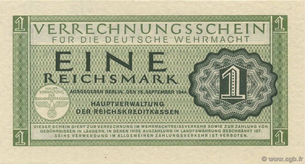 1 Reichsmark GERMANY  1942 P.M38 UNC