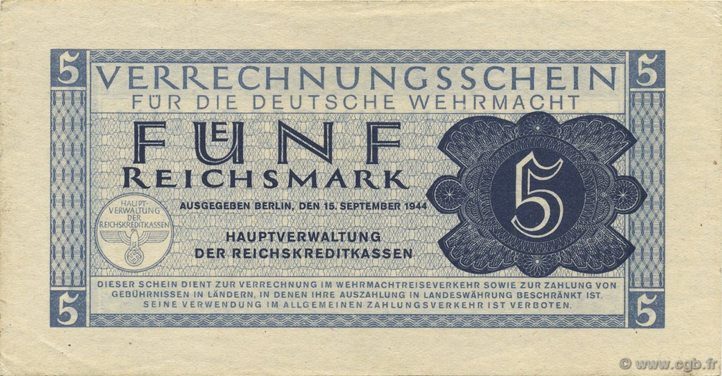 5 Reichsmark GERMANY  1942 P.M39 AU