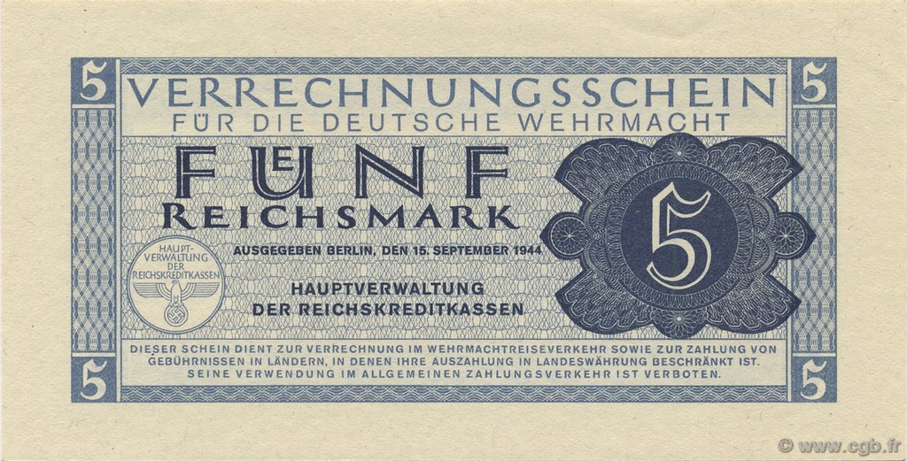 5 Reichsmark GERMANY  1942 P.M39 UNC